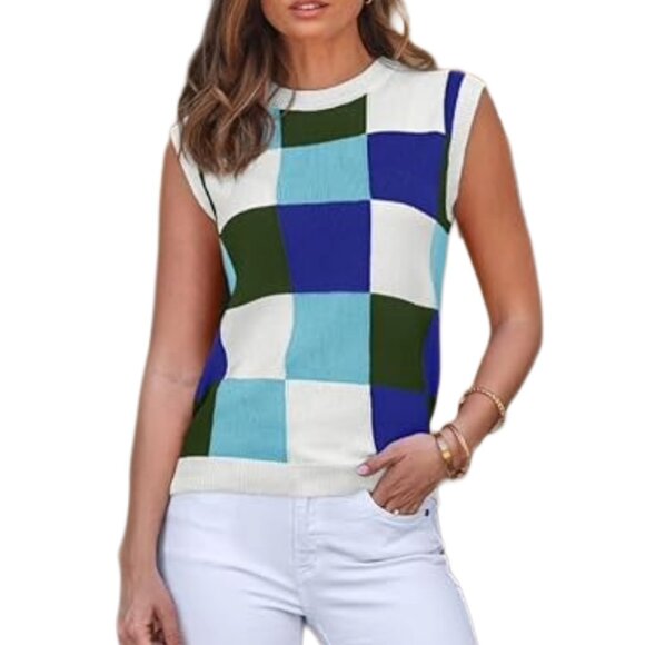 Checkerboard Sweater Vest | Blue, Green & White Colorblock | Knit Tank | XL - Picture 9 of 10